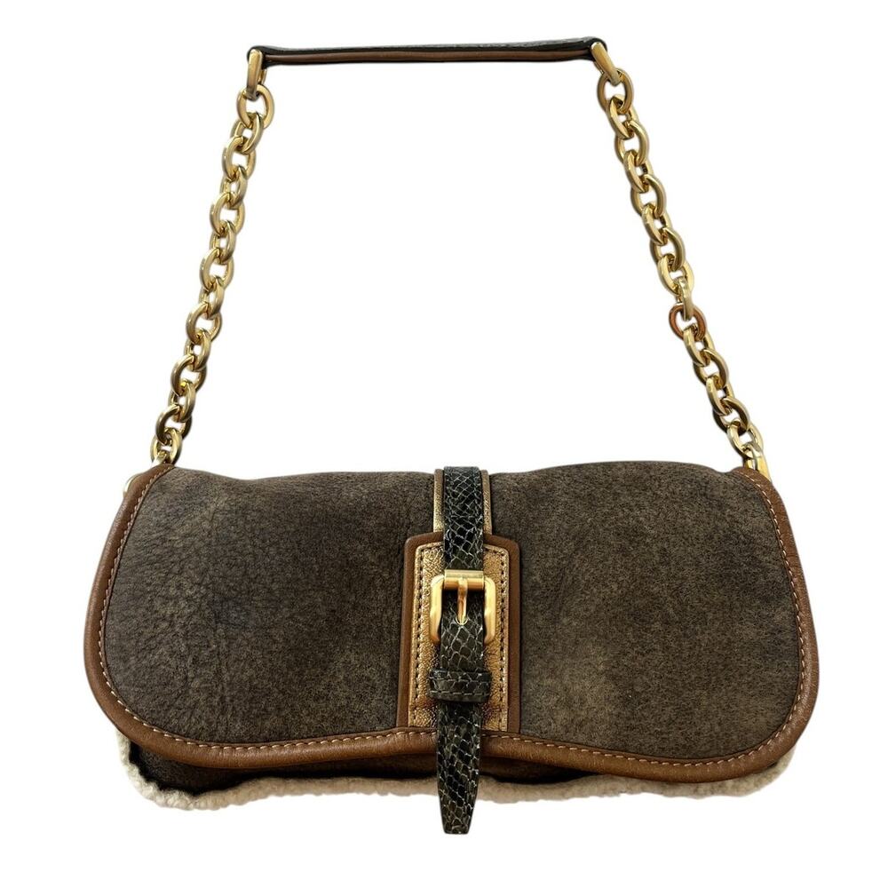 Longchamp More Is More Brown Suede Shearling Leather Shoulder Bag Vintage Y2K